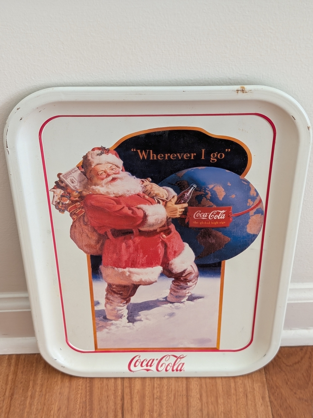 Coca Cola Santa Globe Holiday Serving Tray - Red, White, Blue